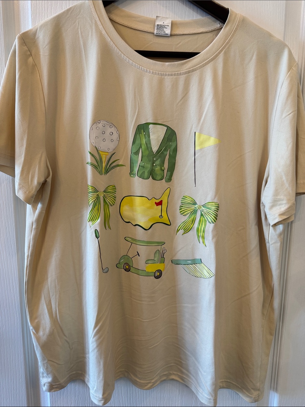 Beige Short Sleeve Tee with Green & Yellow Golf Motif